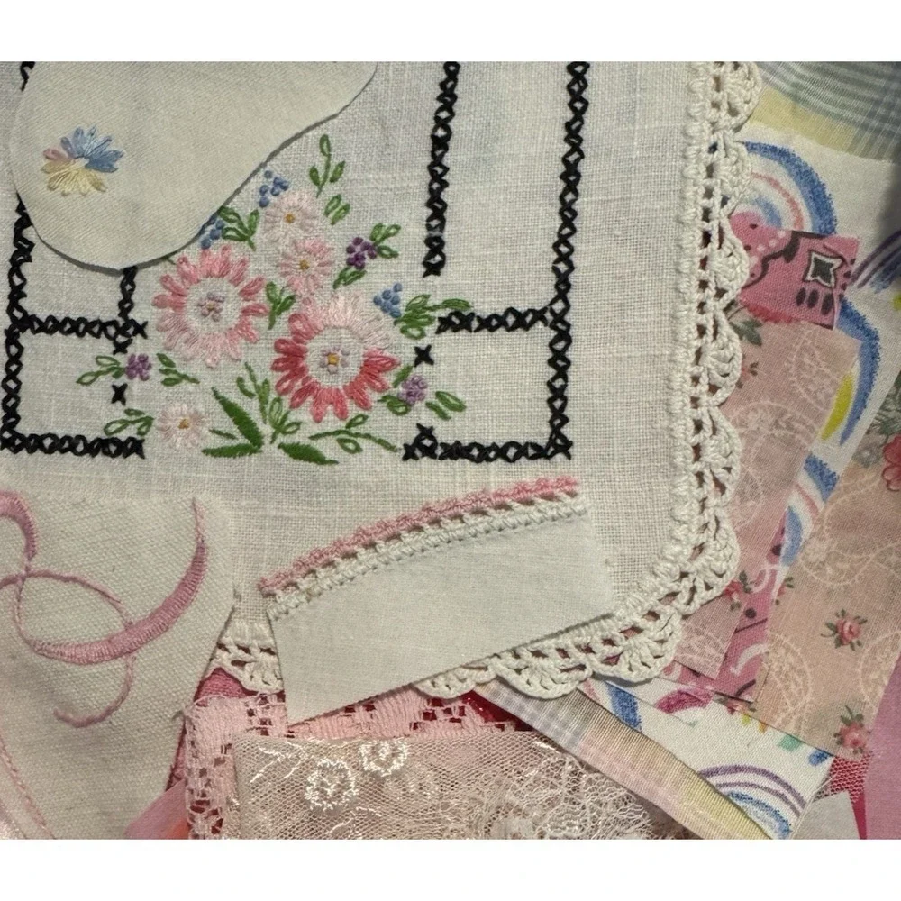 Blue & Pink Kit 35+ Vintage Embroidered Linens Lace Button Junk Journal vintage